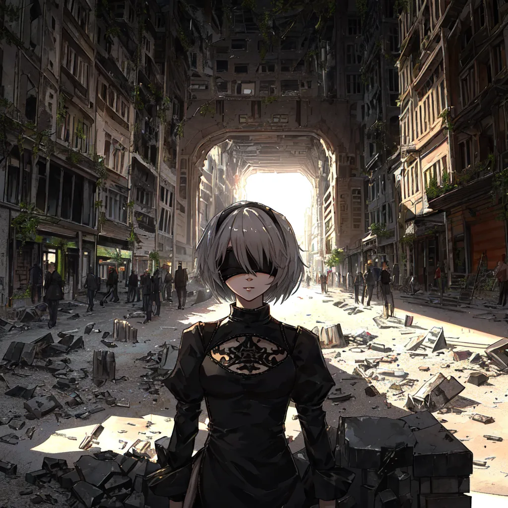 The image is set in a post-apocalyptic city. The city is in ruins, with buildings destroyed and rubble everywhere. There are no people in the streets, except for a young woman standing in the middle of the road.

The woman is wearing a black dress. She has short white hair and a blindfold over her eyes. She is carrying a sword in her right hand. She looks like a warrior.

The image is very dark and gloomy. The only light comes from a few small fires burning in the distance. The image is full of despair and hopelessness. It seems like the world has ended.