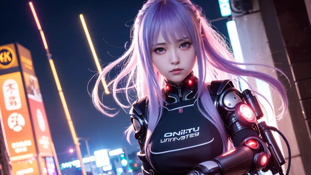 The image is a portrait of a young woman with purple hair. She is wearing a black and purple bodysuit with a high collar. The bodysuit has several red lights on it. She is also wearing a pair of black boots. The woman is standing in a dark place with a city in the background. The city is full of bright lights. The woman has a serious expression on her face.