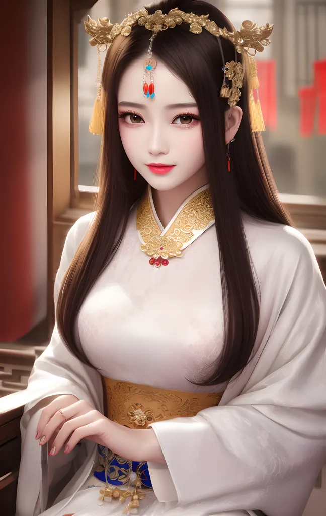 A imagem mostra uma bela mulher jovem com cabelos longos e escuros. Ela está usando um vestido tradicional chinês com uma parte superior branca e uma saia azul. O vestido é guarnecido com ouro e tem um colarinho alto. A mulher também está usando várias peças de joalheria, incluindo um colar, brincos e uma pulseira. Seu cabelo está penteado em um penteado elaborado e ela está usando um adereço de cabeça tradicional chinês. A mulher está sentada em uma cadeira e tem uma expressão serena em seu rosto. O fundo é um borrão de vermelho e ouro.