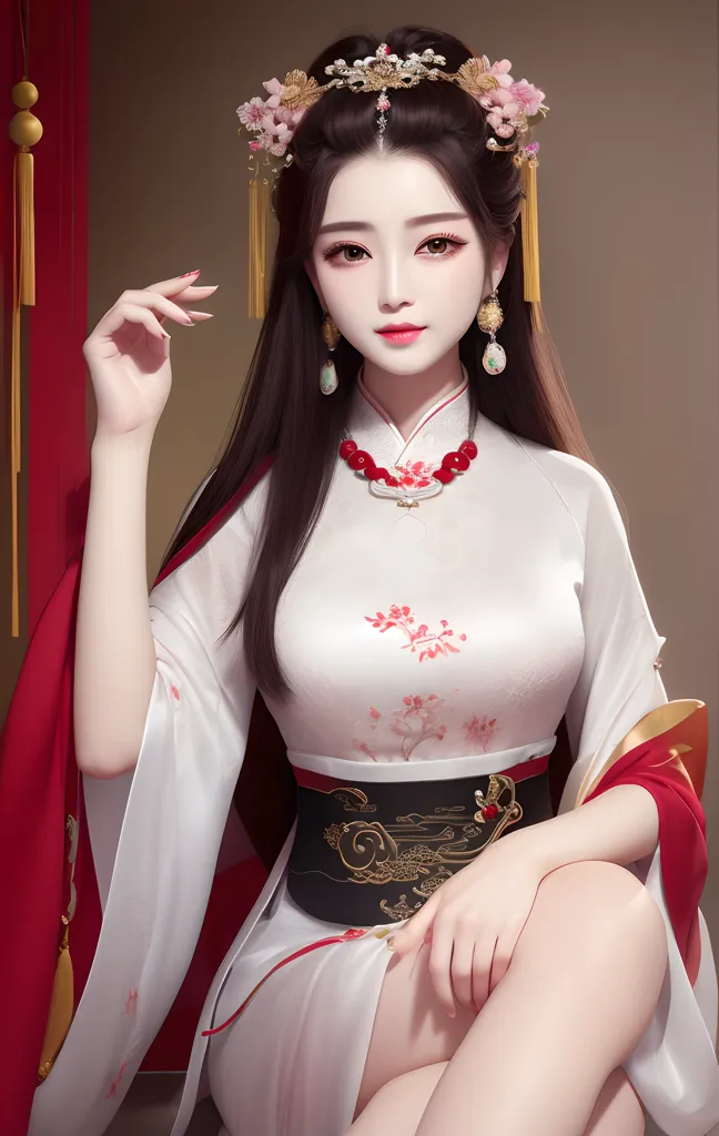 The picture shows a young woman in a white and red Chinese dress with a red sash and a white necklace with a red pendant. She has long black hair with pink and white flowers in it. She is sitting on a chair with one hand on her lap and the other holding a red cloth. She is looking at the viewer with a slight smile on her face.
