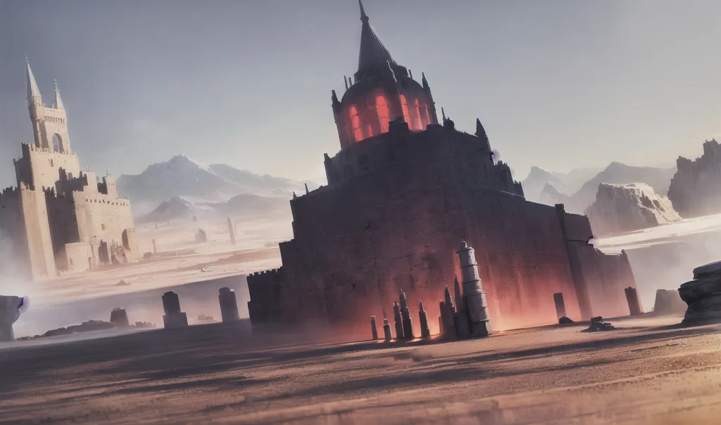 The image is of a large, dark castle in the middle of a desert. The castle is made of black stone and has a red glow around it. There are two smaller castles in the background. The sky is orange and there are mountains in the distance.