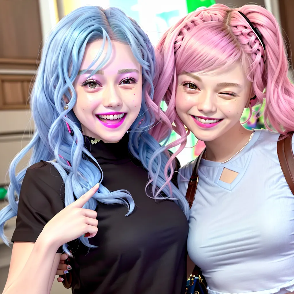 The image shows two young women standing close to one another and smiling at the camera. The woman on the left has bright blue hair and is wearing a black shirt, while the woman on the right has bright pink hair and is wearing a white shirt. They are both wearing light makeup and have their hair styled in a similar way. The background is blurred and looks like a city street.