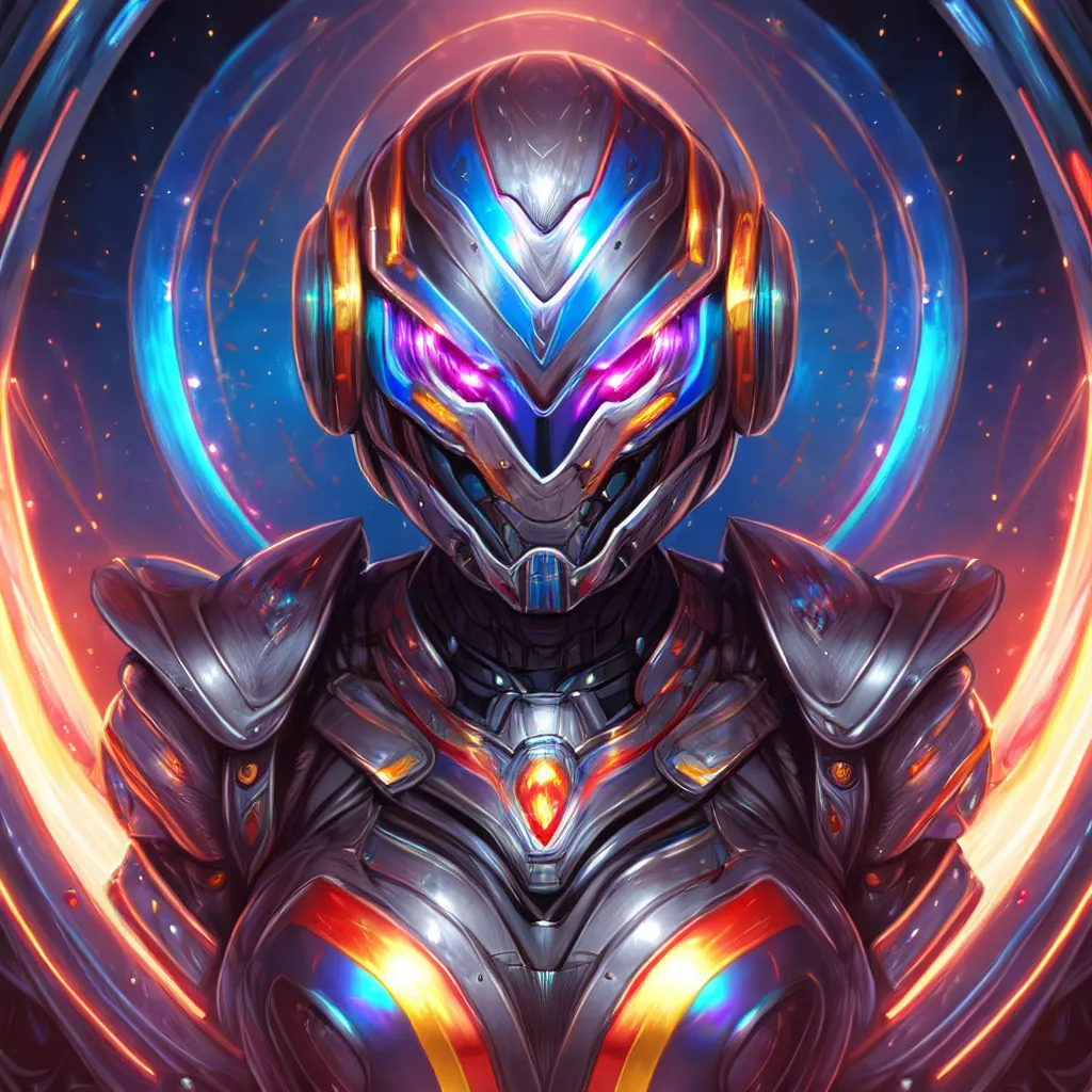 This is an image of a robot's head and shoulders. The robot has a metallic body with blue, orange, and yellow highlights. Its eyes are glowing purple, and it has a glowing purple gem in the center of its chest. There are several glowing blue circles behind the robot's head.