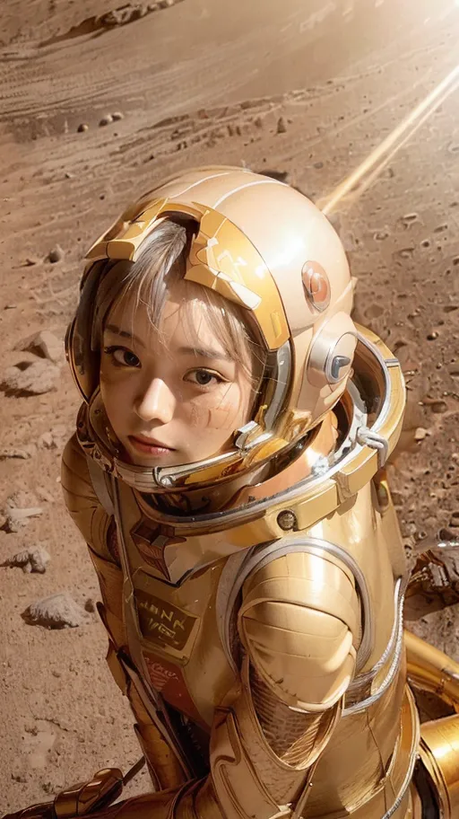 A imagem mostra uma jovem garota em um traje espacial dourado com o capacete colocado. Ela está sentada em uma superfície rochosa que parece ser Marte. A garota tem cabelos castanho-claros e olhos castanhos. Ela olha para a câmera com uma expressão séria. O traje espacial tem um padrão de pequenos hexágonos.