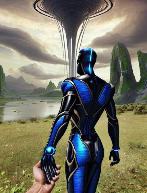 The image shows a figure in a blue and black suit standing in a field of grass. The figure is holding a person's hand. In the background, there is a large, swirling vortex in the sky. The vortex is surrounded by clouds.