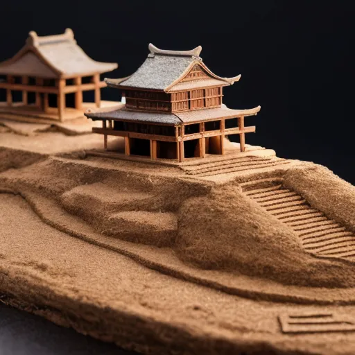 The image shows a diorama of a Japanese castle. The castle is made of wood and is surrounded by a wall. There are trees and shrubs around the castle. The diorama is made of sand and is very detailed.
