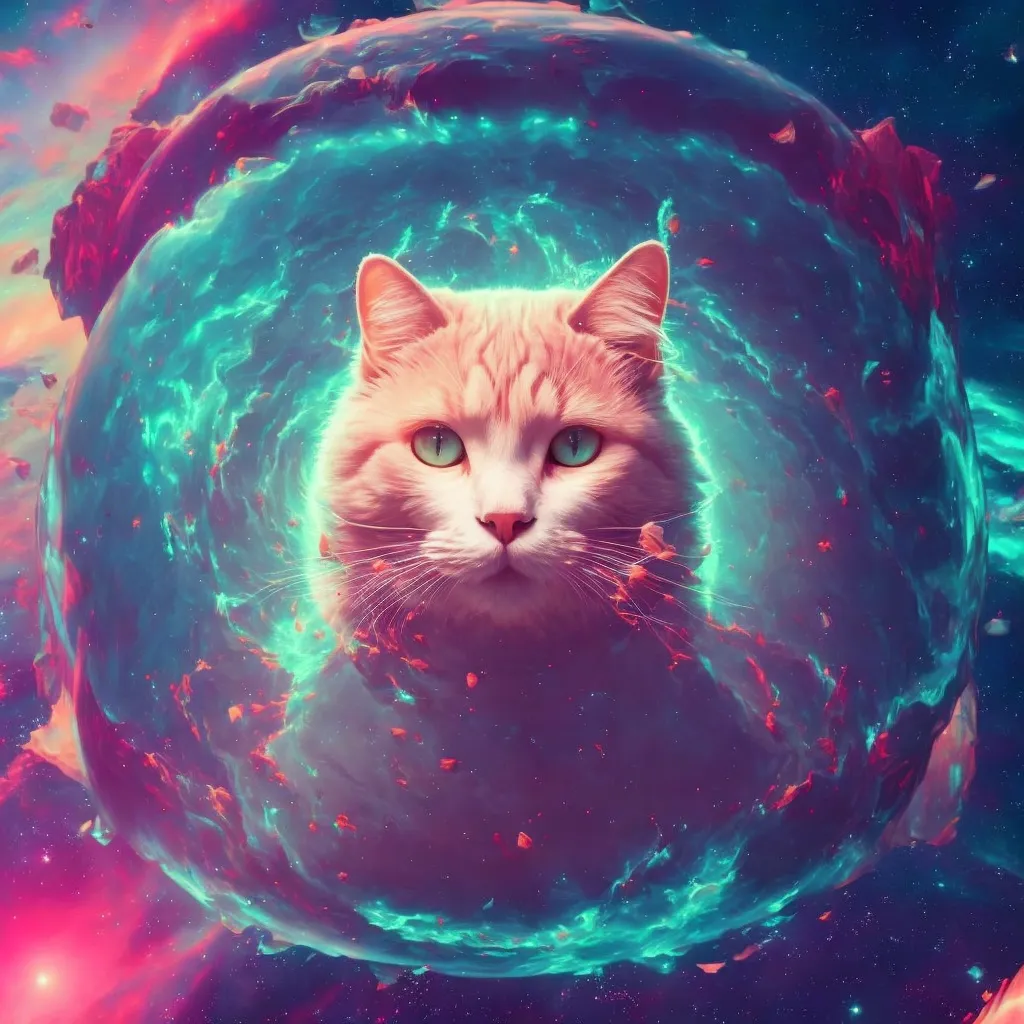 A imagem é uma representação de um gato no espaço. O gato é branco com olhos verdes e está olhando para o observador. Ele está rodeado por uma nebulosa colorida.
