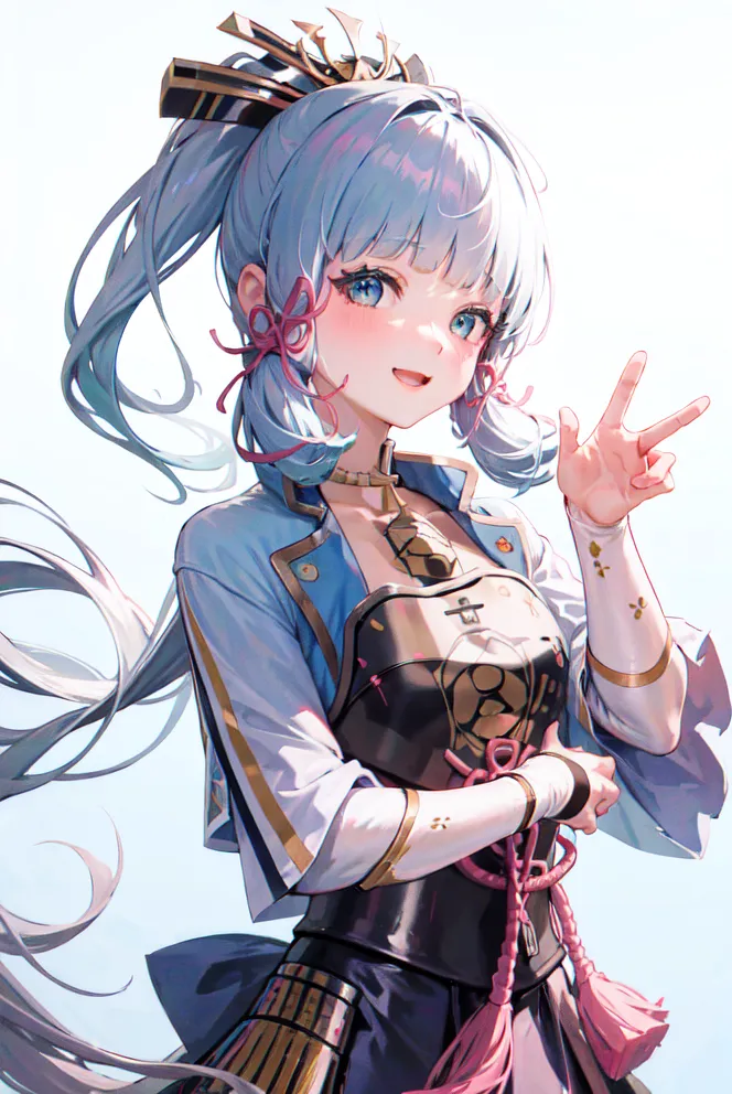 A imagem é de uma jovem mulher com cabelos azuis longos e olhos azuis. Ela está usando um quimono branco e azul com um obi rosa e tem uma espada no cabelo. Ela está sorrindo e tem a mão levantada em um sinal de paz. Ela tem blush rosa nas bochechas e seu cabelo está fluindo ao vento.