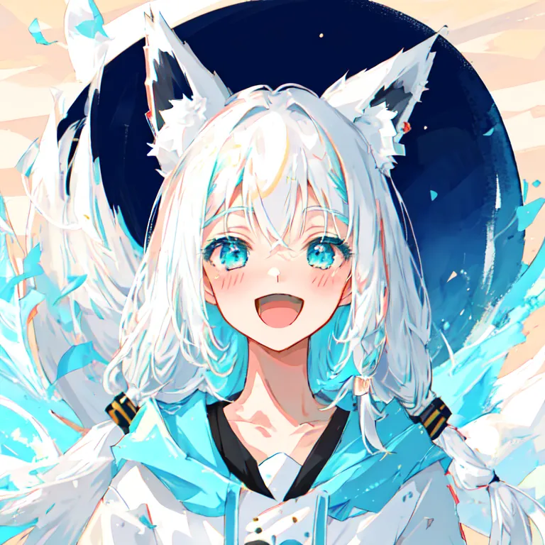 The image is a digital painting of a young woman with white hair and blue eyes. She has fox ears and a fluffy white tail. She is wearing a white hoodie with a blue collar. The background is a dark blue circle with a white crescent moon. The girl is smiling and has her eyes closed. She is surrounded by a few small blue and white feathers.