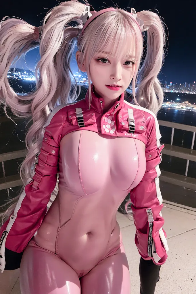 The image shows a young woman with long pink hair and blue eyes. She is wearing a revealing pink outfit with a jacket that has the word \