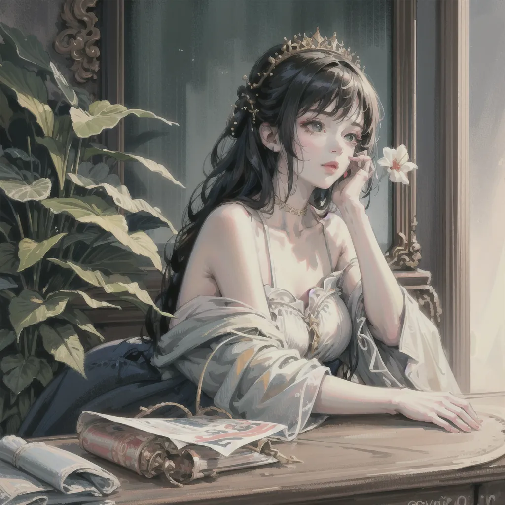 The image is a painting of a beautiful woman with long, flowing black hair. She is wearing a white dress with a sweetheart neckline and a gold crown. She is sitting at a desk, with a book open in front of her. There is a plant in the background. The woman is looking at the viewer with a sad expression in her eyes.
