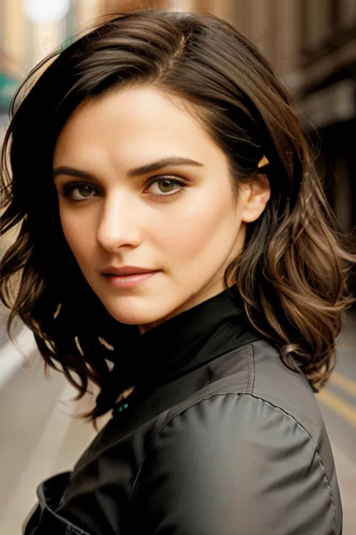 The image shows a young woman with brown hair and green eyes. She is wearing a black jacket. The background is blurred.