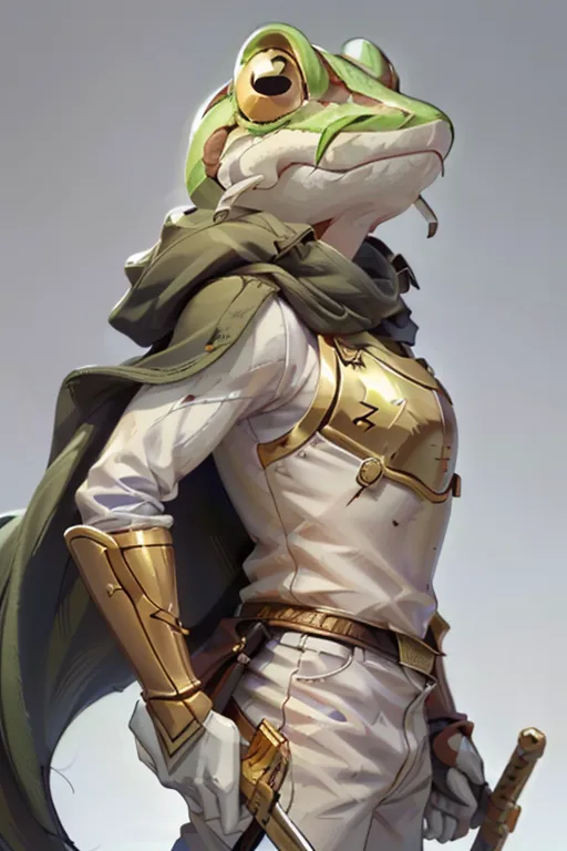 The image is of a humanoid frog creature. It is wearing a white shirt, brown pants, and a green cape. It is also wearing golden armor on its chest and arms. It has a sword sheathed on its hip. The frog creature is standing in a confident pose, with one hand on its hip and the other resting on the hilt of its sword. It has a determined expression on its face. The background is a light gray.