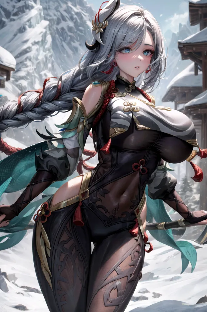 The picture shows a young woman with long silver hair and blue eyes. She is wearing a black and white cheongsam with red and gold accents. She is also wearing a white hat with a red flower on it. She is standing in a snowy landscape and is holding a sword in her right hand.