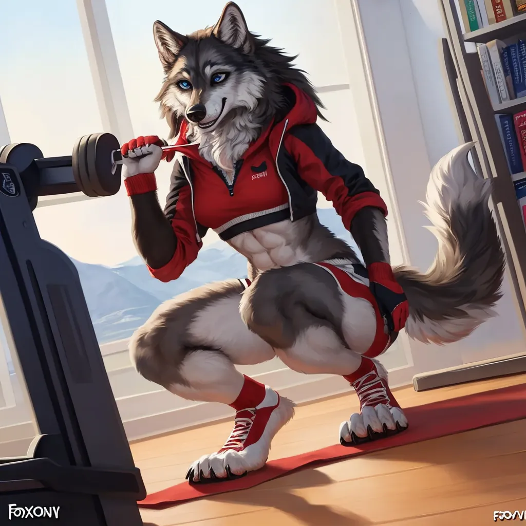 The image is of a muscular wolf-like creature with grey and white fur. It is wearing a red and black sports bra and a pair of black shorts. The creature is standing in a gym, and is holding a weight in its right hand. It has a determined expression on its face, and is clearly focused on its workout. In the background, there is a window with a view of a mountain range.