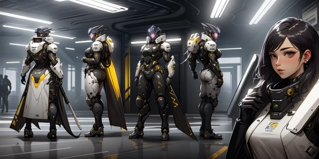 The image shows three characters. On the left is a man in a black and white mech suit with a yellow cape. In the middle is a woman with long black hair and a yellow streak in it. She is wearing a white shirt and a black jacket with yellow and green accents. On the right is a man in a black and yellow mech suit. All three characters are standing in a futuristic setting with bright lights and a large door in the background.