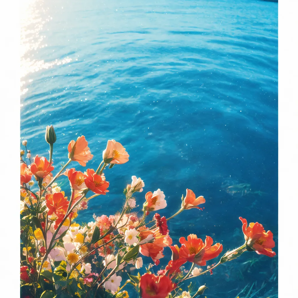 The image shows a close-up of a bouquet of flowers in front of a body of water. The flowers are mostly red, orange, and yellow, with some white and pink flowers as well. The bouquet is arranged in a natural way, with the flowers overlapping each other. The water in the background is blue and green, and it is clear and transparent. The surface of the water is rippling, and there are some small waves visible. The image is taken from a slightly elevated perspective, and the flowers are in focus. The background is slightly blurred, and the overall effect is one of beauty and tranquility.