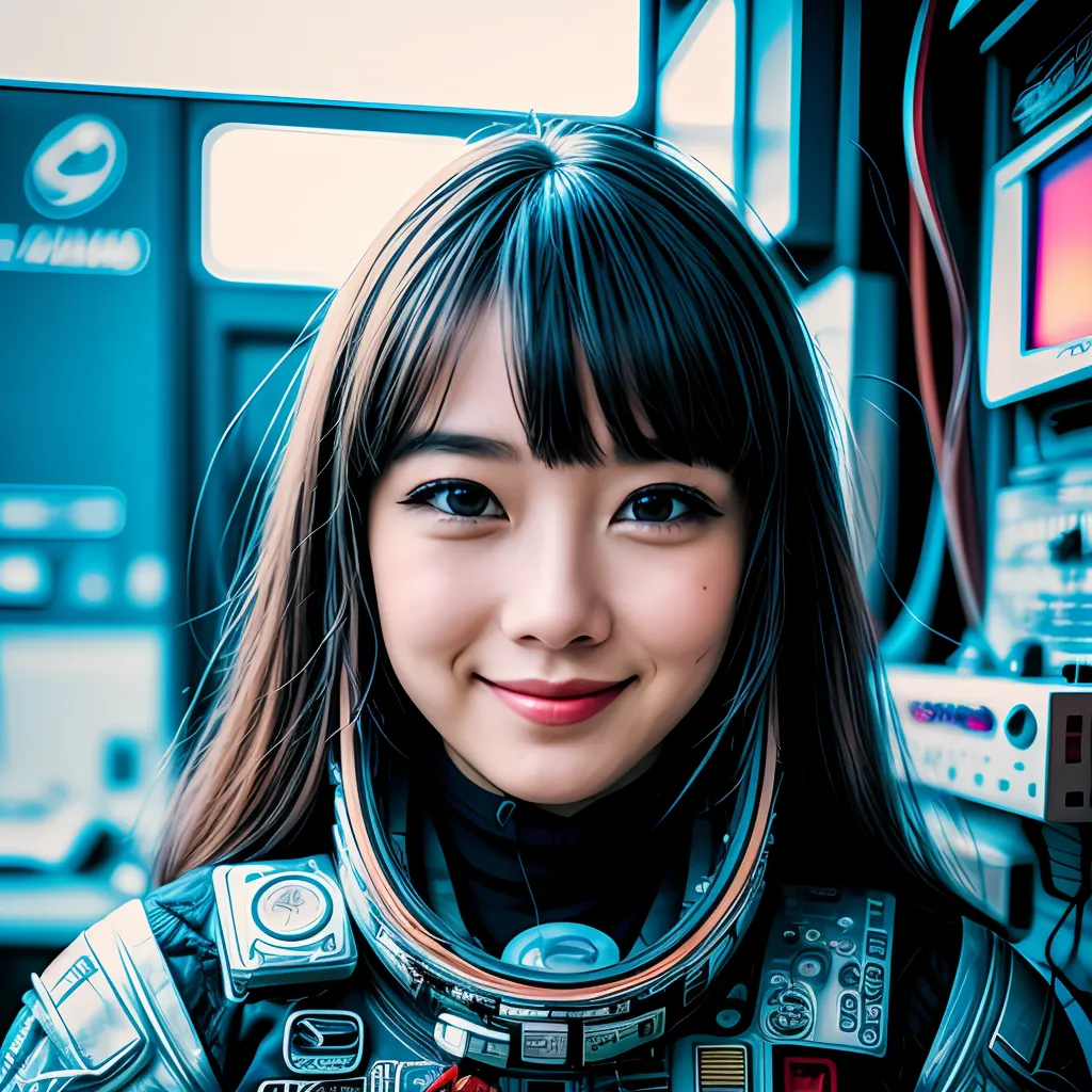 This is an image of a young girl in a spacesuit. She has long dark hair and brown eyes. Her spacesuit is white and blue, and she is wearing a helmet with a visor. She is standing in front of a blue background with a lot of buttons and lights.