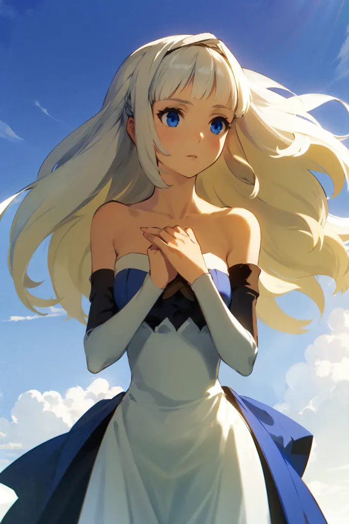 This is an image of a girl with long white hair and blue eyes. She is wearing a white and blue dress. She is standing in a field of flowers, with a large tree in the background. The sky is blue and there are some clouds in the sky.