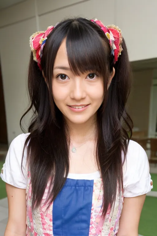 This is a photo of a young Japanese woman. She has long, dark brown hair that is styled in a hime cut, with bangs that are swept to the side. She is wearing a white shirt with a blue pinafore dress with a floral pattern. The dress has a white collar and white buttons. She is also wearing a necklace with a blue pendant. She has a friendly smile on her face. The background is blurred.