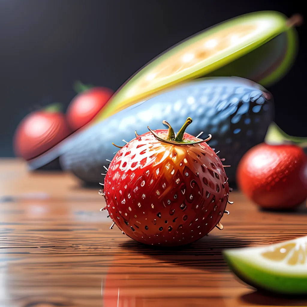 A strawberry with the texture of a dragon fruit sits on a wooden table. A lime wedge, a small red tomato, and a large green avocado are also on the table. The strawberry is in focus, and the other fruits are blurred. The background is dark.