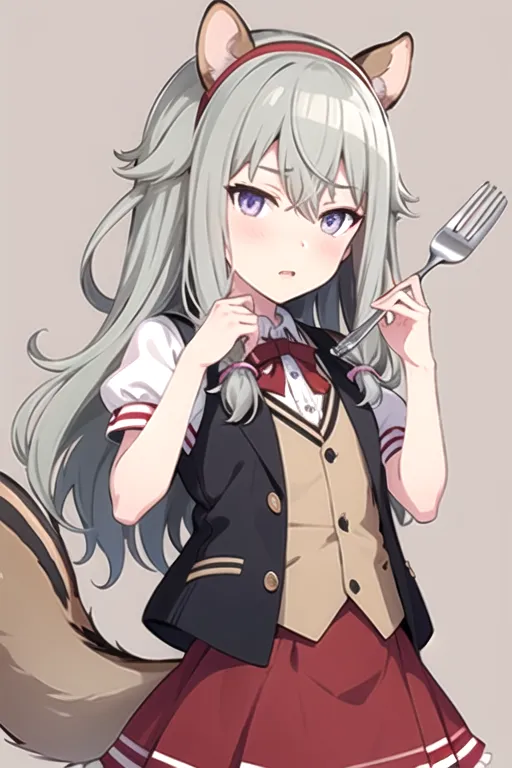 The image is of an anime-style girl with long silver hair and purple eyes. She is wearing a school uniform consisting of a white blouse, a gray vest, and a red skirt. She has a brown squirrel tail and ears. She is holding a fork and looking to the side with an embarrassed expression on her face.