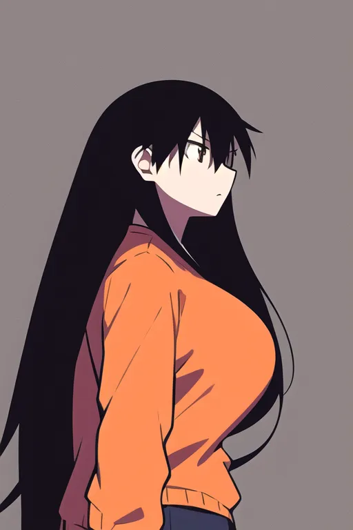 A young woman with long black hair is shown in the image. She is wearing an orange sweater and black pants. She appears to be in her late teens or early twenties. She has a serious expression on her face and is looking to the right of the frame.