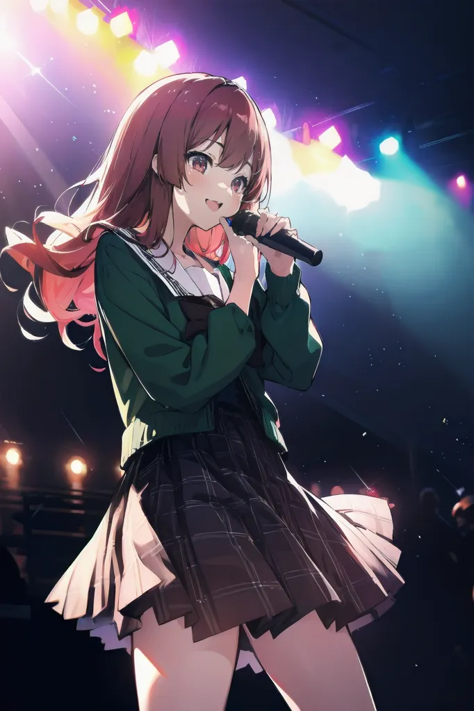 An anime girl in a school uniform singing on stage, in the anime style, with detailed , using dark green and pink colors, capturing the schoolgirl lifestyle aesthetic, wearing a school uniform, with a cute face, in high quality, high resolution, with a cinematic feel, in the anime art style, as a full body portrait, with a school background, under bright lights, with concert lighting, stage lighting, to create a concert atmosphere, illuminated by colorful spotlights, on a stage with spotlights, on a stage illuminated by spotlights. --ar 85:128