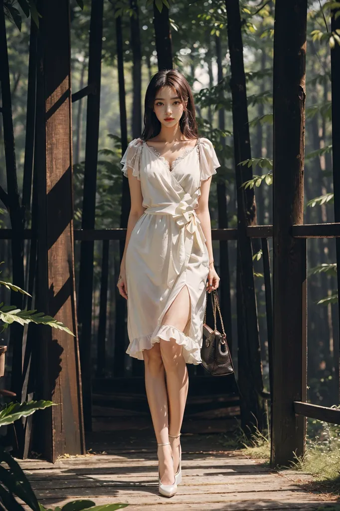 Asian beauty, white dress with sleeves and high heels in a forest, full body photo of beautiful legs, handbag on shoulder, light makeup, natural skin tone, white shoes, white silk shortsleeved knee-length skirt, long hair, high wavy hairstyle, walking barefoot through a wooden bridge, outdoor shooting, natural scenery background, natural sunlight, soft tones, fashionable style, elegant posture, confident smile. Style raw, stylize 750, in the style of 750. --ar 85:128