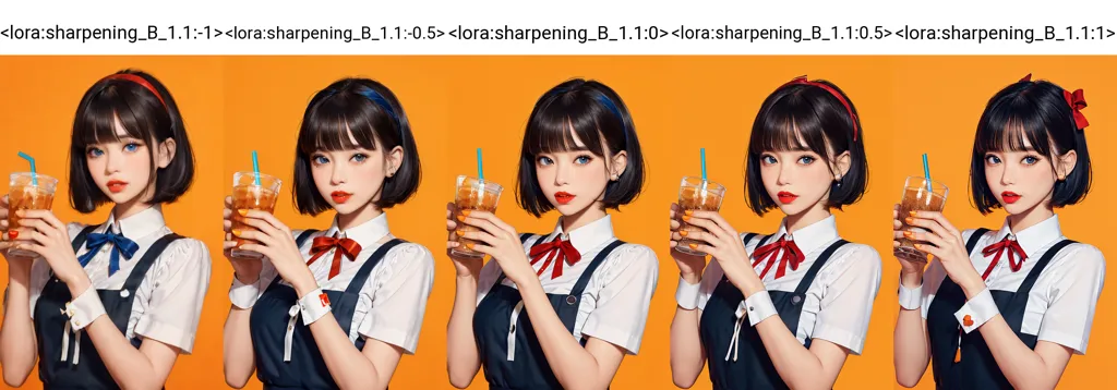 The image shows a row of 6 anime girls with black hair and blue eyes. They are all wearing white shirts and black skirts. The girls are all holding different drinks in their hands and have different colored ribbons in their hair. The background of the image is a solid orange color.