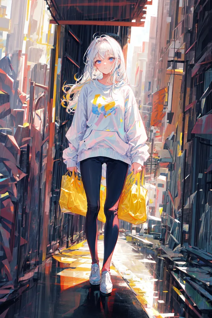 anime shounen illustration in the style of [Krenz Cushart](https://goo.gl/search?artist%20Krenz%20Cushart) of an anime woman with white hair, wearing a baggy sweatshirt and black leggings walking in the city, holding yellow shopping bags, urban background, cityscape, city street view, urban environment, digital art style, fine details on the character's face, cool colors on , urban scene, city streets background, urban architecture, urban city background, city streets, city streets background, urban environment, urban cityscape, city streets background --ar 85:128