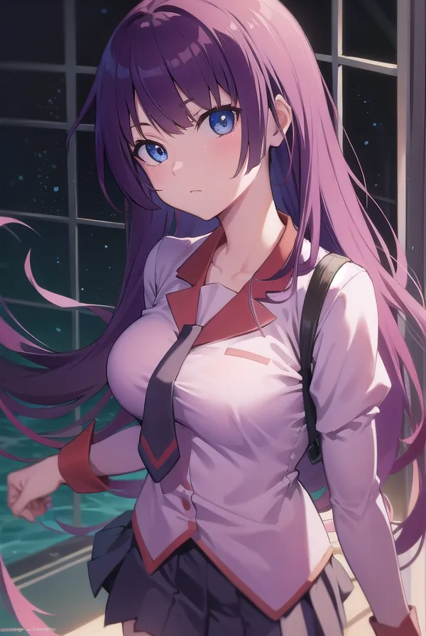 Moe anime, beautiful high school girl with purple hair and blue eyes wearing a uniform in the style of [Makoto Shinkai](https://goo.gl/search?artist%20Makoto%20Shinkai), an upper body portrait, with a school background at night, looking at the viewer with a happy expression, one hand on her chest, a shirt, and school cardigan, cinematic lighting, a detailed face, and school windows behind her. --ar 75:112