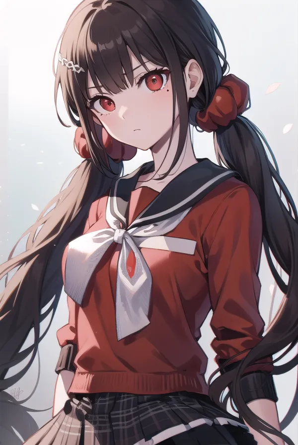 A girl with long hair, red eyes and dark brown bangs is wearing an anime-style school uniform with white accents on the collar of her shirt. She has one side ponytail that is tied in two pigtails, and she wears black plaid pants underneath it. The background features a gradient from light to dark blue, giving off an atmosphere reminiscent of a cartoon or manga style, focusing on her face. --ar 75:112