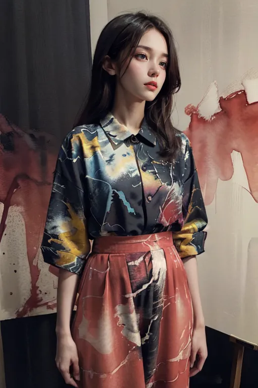 A beautiful Chinese girl wearing an oversized shirt with abstract print, paired with the matching highwaisted skirt in light red and dark gray. The model stands upright against a backdrop of an oil painting. Her hair is styled straight behind her head, she has large eyes that sparkle, and there's a hint of smile on his face as he poses for the camera. This outfit embodies modern style with a touch of elegance. It creates a fashionable look while maintaining its simplicity. --ar 2:3