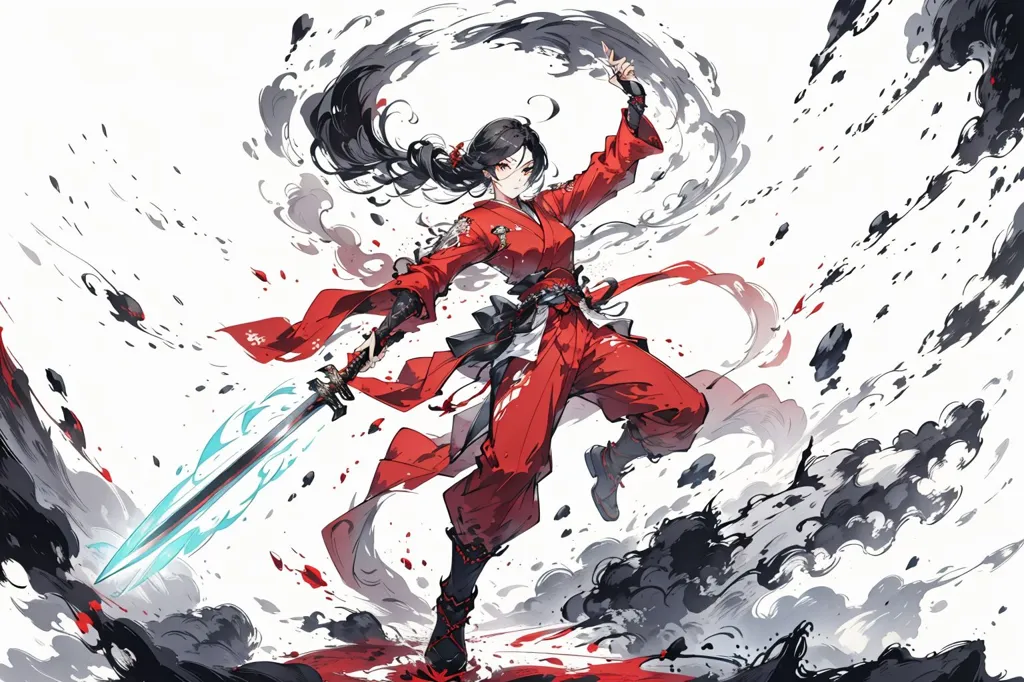 A girl in red , with black hair dancing with a long sword in the air. The background is white clouds surrounded by smoke effects. The style is of colorful cartoon characters in the style of Chinese ink painting, with splashing energy waves, a dynamic posture, a majestic composition, a mysterious atmosphere, and is full of vitality. The art is in a game style and of top quality. --ar 128:85