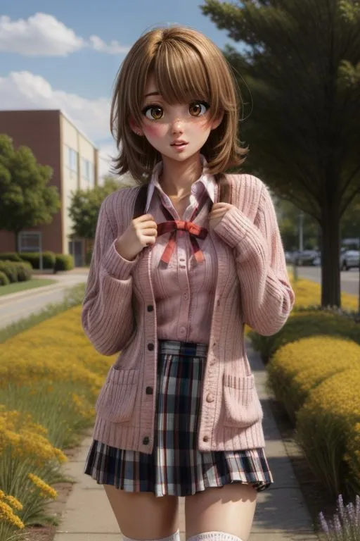 A cute girl wearing a pink cardigan and plaid skirt, with short brown hair and bangs, big eyes, and a happy expression, walking on the school yard. In the style of anime, with character design, a full body shot, high resolution, high detail, natural lighting, trending on Art Station. --ar 2:3