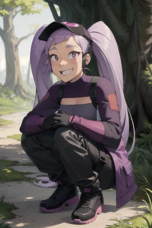 Cute anime girl with purple hair in black pants and sneakers, wearing a baseball cap, smiling, crouching down to pick up something on the ground, against a fantasy forest background, with a colorful  style, in the style of a character design from Kakegurui, as a full body shot, or headshot portrait, with a cute cartoon character design, in the style of zbrush art or 2D game art, with detailed facial features, as a flat illustration, and detailed coloring. --ar 2:3