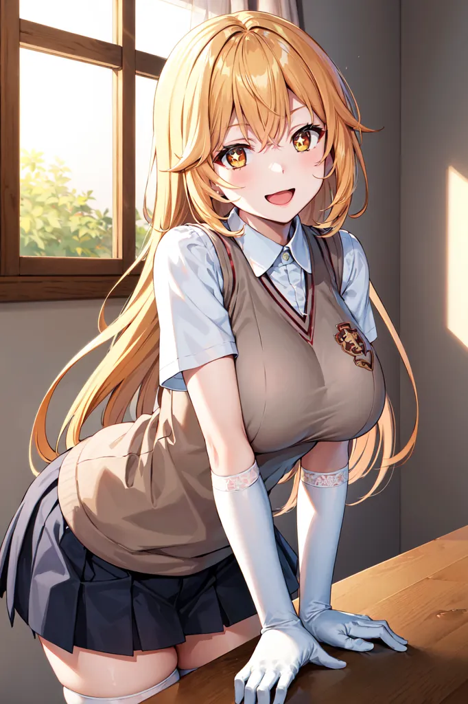 A cute, plump and very beautiful girl with long golden hair in the anime style of 'H groups from Dragon Ball', wearing blue socks and an unbuttoned school uniform, is leaning over to touch her feet on top of the table at home. She has large eyes, brown eyebrows, big earrings, a round face, fair skin, slightly curly shoulder-length blonde straightened bangs hanging down around her neck, a happy smile, her hands resting gently under her knees. full body shot --ar 85:128