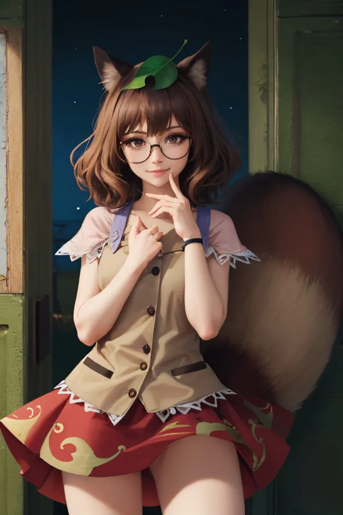 A cute girl with glasses, wearing a brown vest and skirt, posing in front of the door to give you something, with anthropomorphic furry wolf ears on her head, in an anime aesthetic style, with brown hair, using a red, white and green color scheme, with a short, curly bobbed hairstyle, and a cat tail instead of legs, in the style of [Loish](https://goo.gl/search?artist%20Loish). --ar 85:128