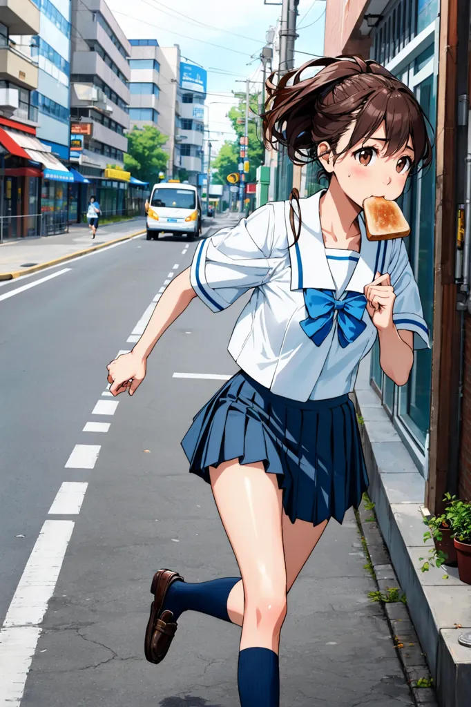 A Japanese high school girl in uniform running down the street with an ice cream sandwich, full body shot, dark brown hair and blue eyes, in the style of anime. --ar 85:128