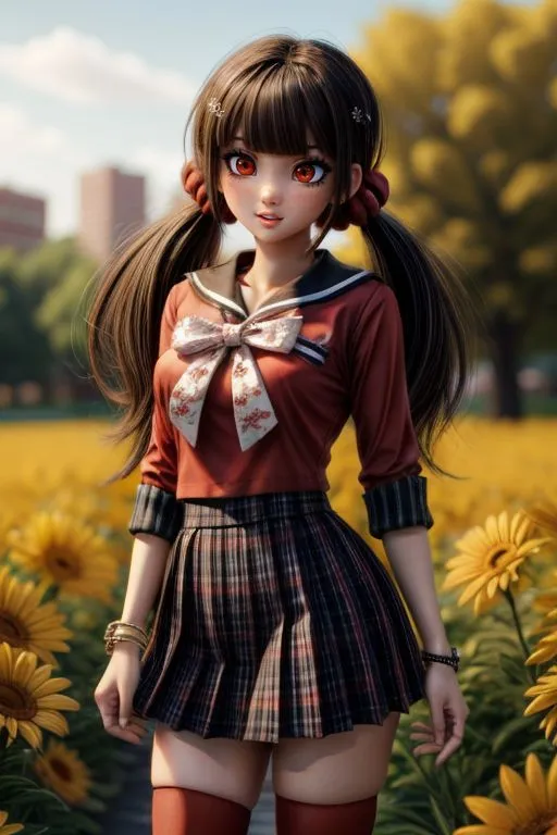 A cute girl with twin ponytails, wearing a red and white sailor necktie shirt and a navy plaid skirt, with dark brown eyes, long legs in stockings, she is smiling. She stands in a sunflower field, in the style of anime, sculpted in zbrush, a full body shot from the front view, with big bright red eyes, long eyelashes, and dark brown hair tied into pigtails, with super detailed features and a super resolution. --ar 2:3