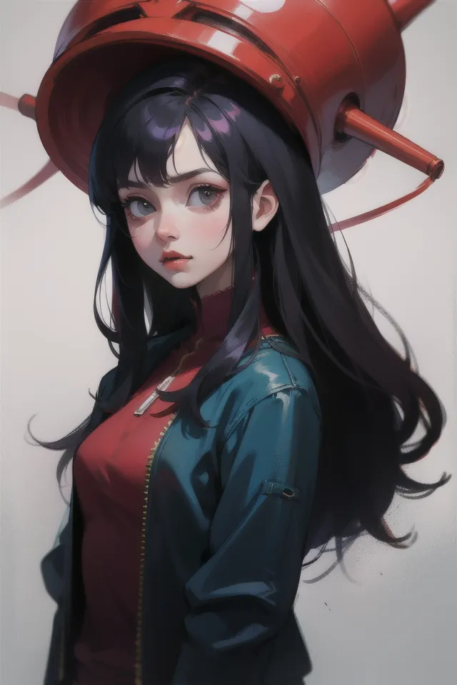 In the style of flat anime, an illustration of a girl with long black hair and bangs wearing a red top and navy blue jacket and a white bucket hat on her head, looking at the viewer. Anime aesthetic [Makoto Shinkai](https://goo.gl/search?artist%20Makoto%20Shinkai) artstation in the style of [Atey Ghailan](https://goo.gl/search?artist%20Atey%20Ghailan), anime inspired character design, trending pixiv fanbox in a center composition, studio lighting. --ar 2:3