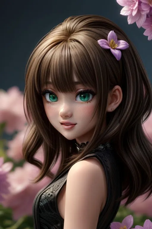 a cute girl with long brown hair and green eyes, wearing a black dress, pink flowers in her bangs, in the style of [Artgerm](https://goo.gl/search?artist%20Artgerm), portrait of an anime character, inspired by the works of guweiz, cute chibi style, trending on pixiv fanbox artwork, adorable 3D render of a young woman, detailed illustration of a beautiful little Asian Korean lady, cute cartoon design, in the style of [WLOP](https://goo.gl/search?artist%20WLOP), artstation HD --ar 2:3