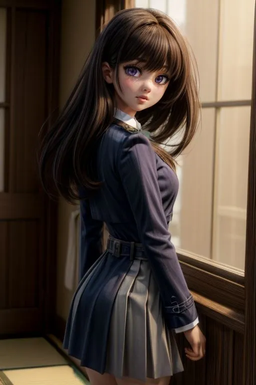 A very beautiful and cute girl with long hair, wearing a dark blue school uniform skirt, posing in the room, with delicate facial features like Nana Komatsu, in a realistic anime style, on a dark gray brown background, in a half body closeup, with light coming from the upper left corner, Japanese animation art in the style of Shinkai Makoto. --ar 2:3