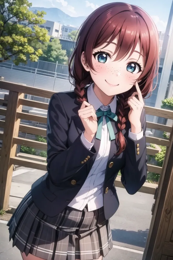 moe anime, beautiful high school girl in uniform with skirt posing and smiling at the camera, perfect face shape, long brown hair with braids, blue eyes, schoolgirl outfit, cute pose, outdoor background, school benchs and benches on both sides of her, school gate behind, sunny day --ar 85:128