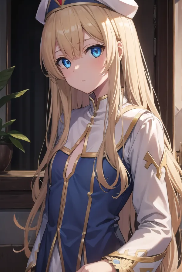 A girl with long blonde hair, blue eyes and bangs in a style reminiscent of anime wearing a navy blue dress and white vest with golden details. She has a short sailor cap on her head and is standing inside a house with her hands placed behind her back. Her expression looks serious but happy in the style of anime. --ar 75:112