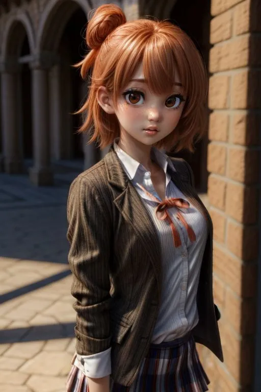 The anime features a cute girl with red hair and bangs wearing a school uniform, in the style of [Makoto Shinkai](https://goo.gl/search?artist%20Makoto%20Shinkai)'s posters. She has an oval face and wears a brown jacket over her white shirt. The background features ancient architecture with sunlight shining on it. It is a full body portrait with exquisite details, a natural expression, charming eyes, and fashionable  rendered in retro tones. --ar 2:3