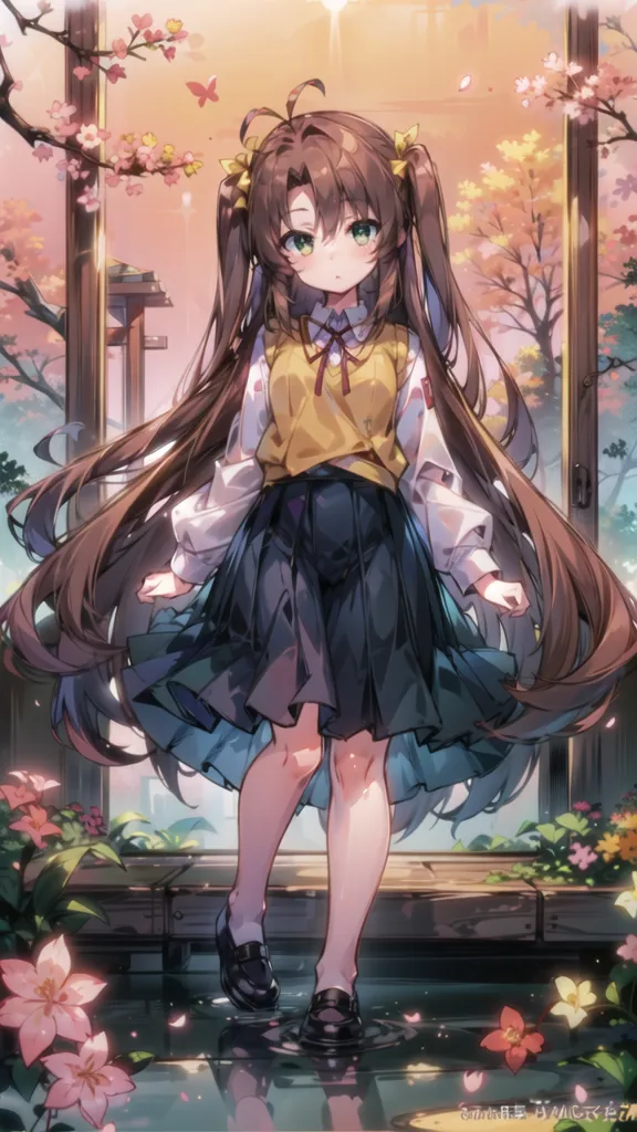 Cute anime girl with long brown hair in pigtails, wearing a black skirt and yellow blouse with white sleeves, standing on the ground surrounded by flowers, with a smiling expression, against a background of Japanese architecture, under a light pink sky, in a colorful cartoon style, in the style of [Makoto Shinkai](https://goo.gl/search?artist%20Makoto%20Shinkai), with a colorful gradient color scheme, shown in a full body shot, with beautiful lighting effects. --ar 9:16