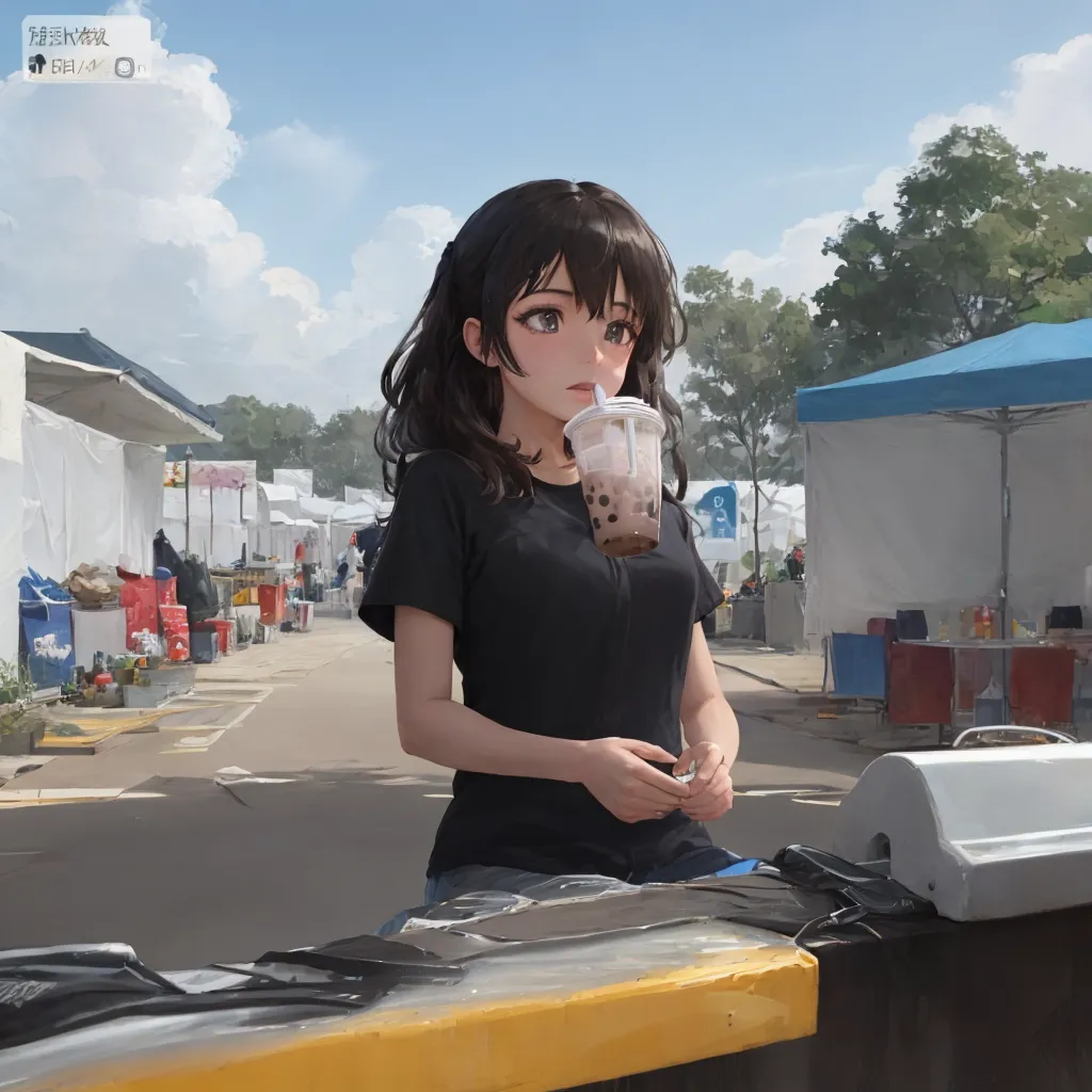 An anime girl in black Tshirt selling bubble tea at the roadside stall, holding milk tea with straw cup, outdoor market scene, simple background, distant view, [Makoto Shinkai](https://goo.gl/search?artist%20Makoto%20Shinkai) style, colorful cartoon animation, comic book illustration, hyperrealistic photography, cute and dreamy, high definition details 