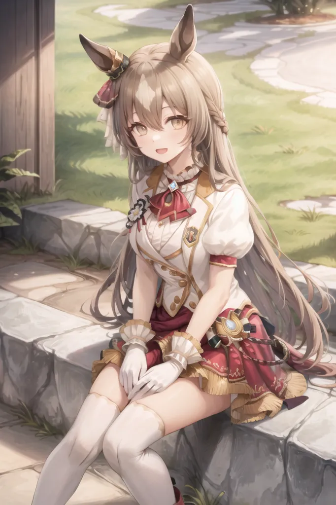 Cute anime girl with rabbit ears, long hair and white stockings, wearing an elf costume, sitting on the steps of the lawn in front of her house, smiling at me. She has exquisite makeup and wears gold accessories around her neck, chestnut red lips, eyes full of love for everyone. The artwork is in the style of a cute anime style, with high resolution, anime art details, and natural light. Her outfit features a short sleeved top and skirt details. --ar 85:128